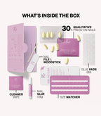 Pink Gellac 487 Yummy Yellow press-on nails kit contents with nails, glue, file and tools.