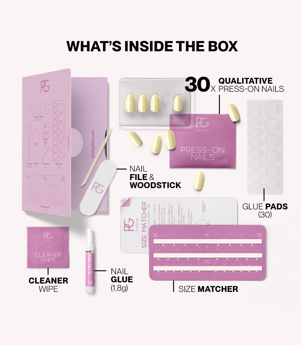 Pink Gellac 487 Yummy Yellow press-on nails kit contents with nails, glue, file and tools.