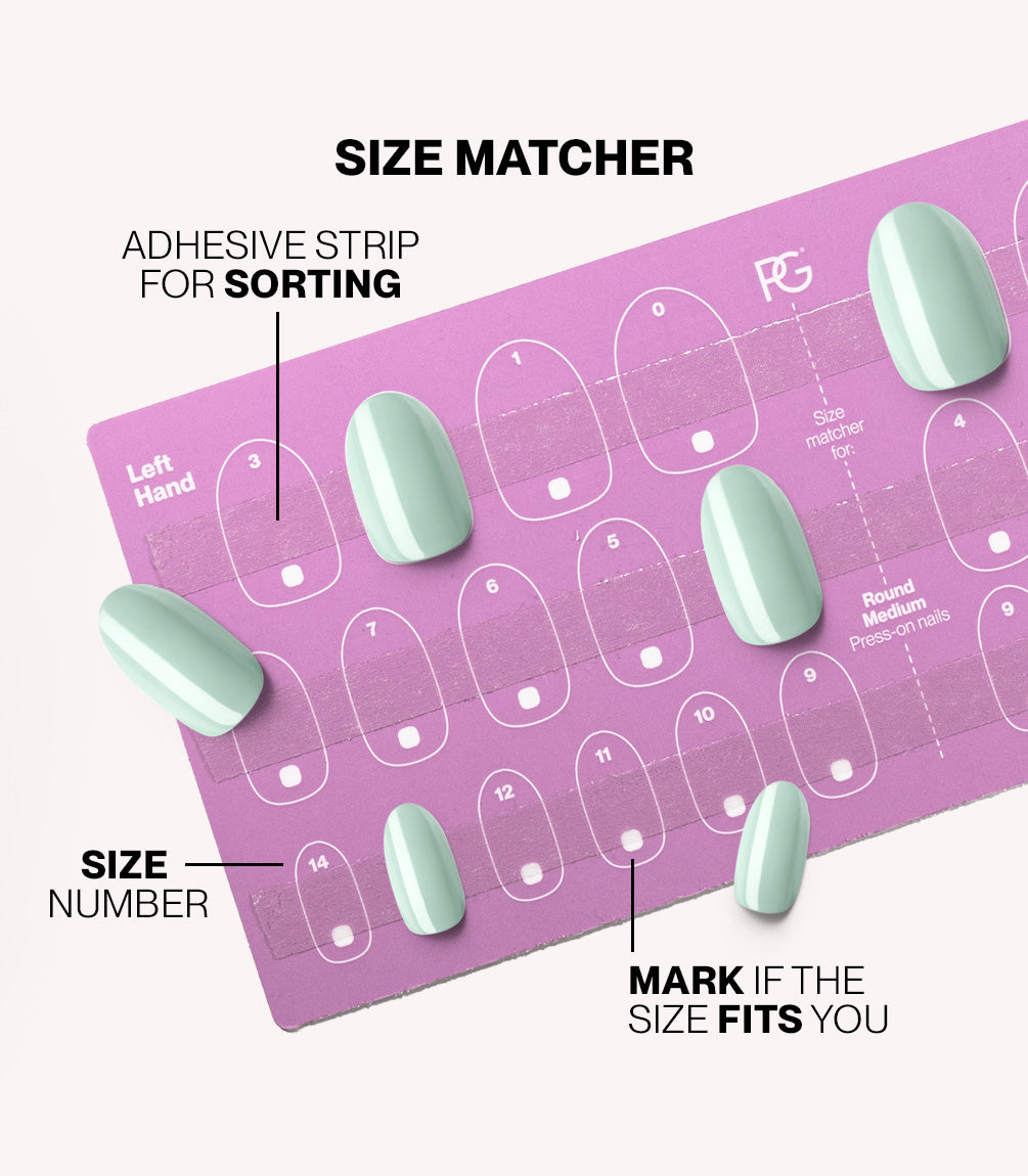 Pink Gellac press-on nails size matcher chart for measuring your nail size.