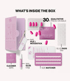 Pink Gellac 495 Pink Guava press-on nails kit contents with nails, glue, file and tools.