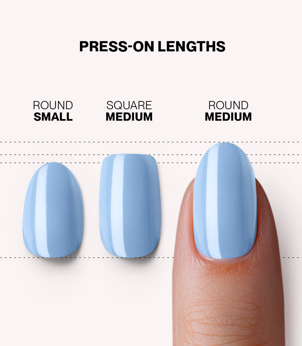 Pink Gellac 498 Ice Blue press-on nails length and shape guide.