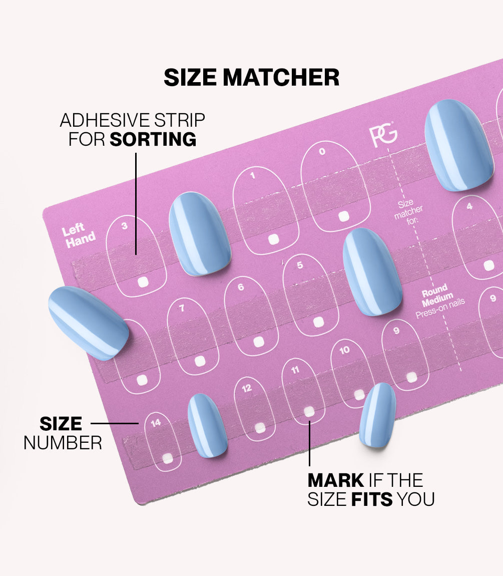 Pink Gellac press-on nails size matcher chart for measuring your nail size.
