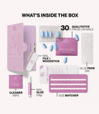 Pink Gellac 498 Ice Blue press-on nails kit contents with nails, glue, file and tools.