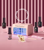 Pink Gellac Pretty Pearlesque gel polishes and lamp displayed on a striped pink backdrop.