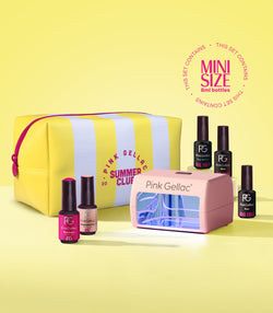 Pink Gellac Summer Club Starter Kit contents with pouch, gel polishes and lamp.