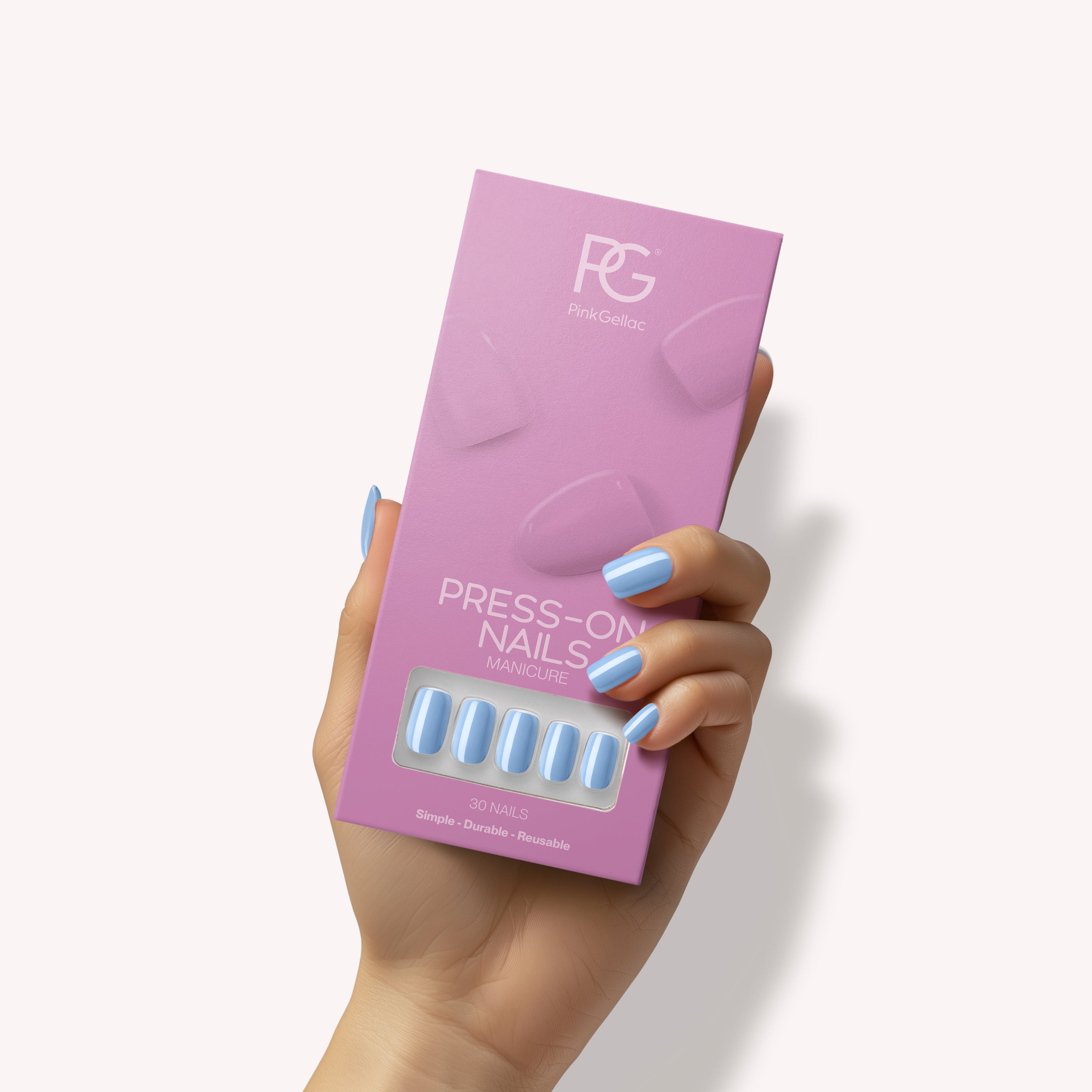 Close-up of Pink Gellac 498 Ice Blue press-on nails.