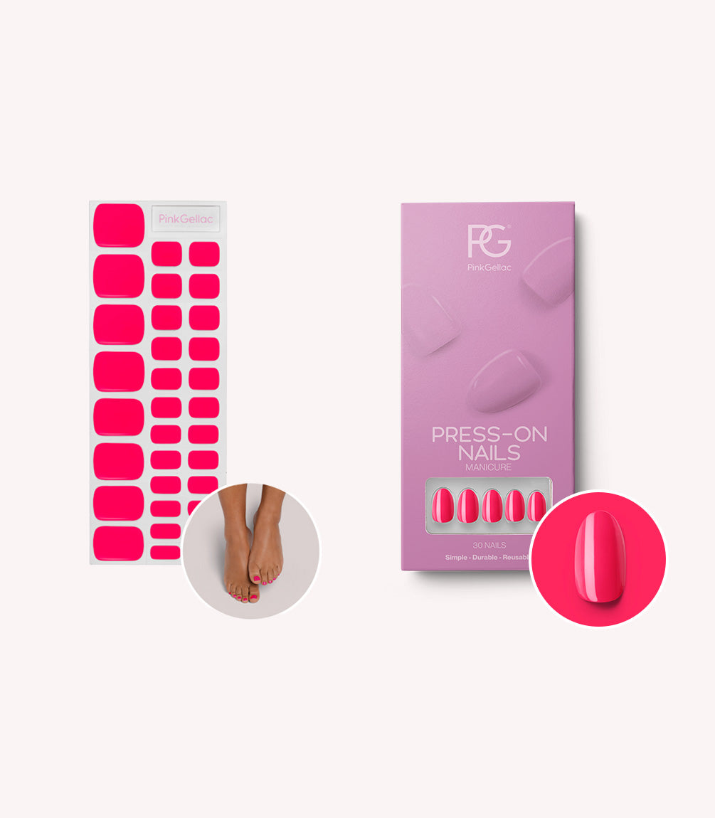 Pink Gellac 161 Ibiza Pink set with press-on nails and gel nail stickers.