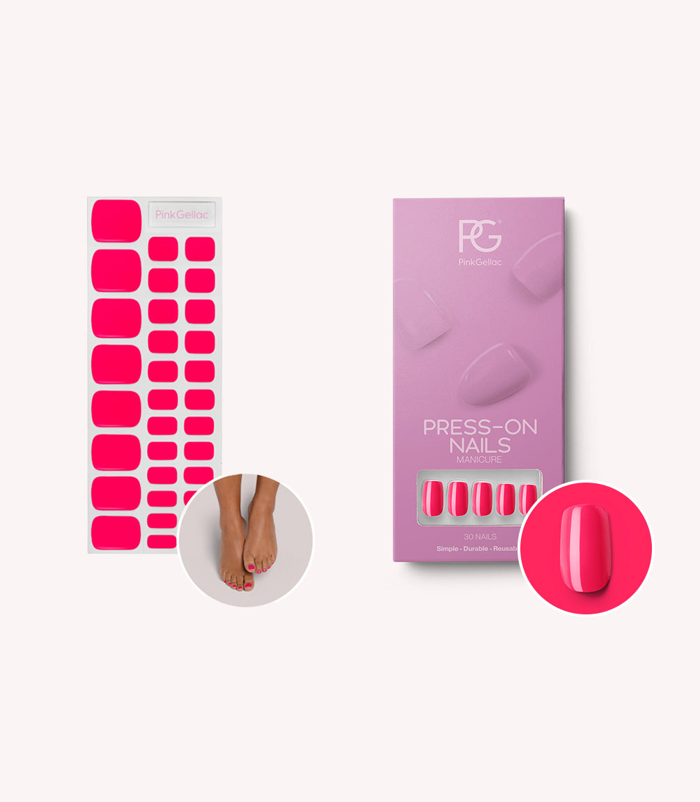 Pink Gellac 161 Ibiza Pink set with press-on nails and gel nail stickers.