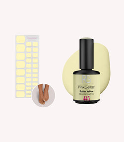 Pink Gellac 445 Butter Yellow set with gel nail polish and gel nail stickers.