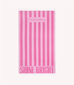 Pink and white striped towel with the text "Pink Gellac" and "Shine Bright", top and bottom.