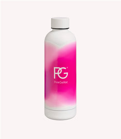 A white bottle with pink ombre design and the logo "PG Pink Gellac" on the front.