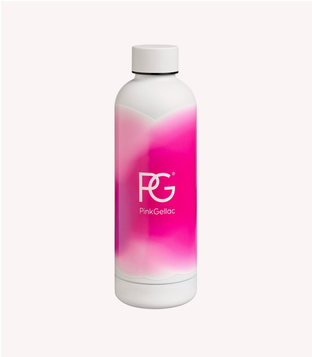 A white bottle with pink ombre design and the logo "PG Pink Gellac" on the front.