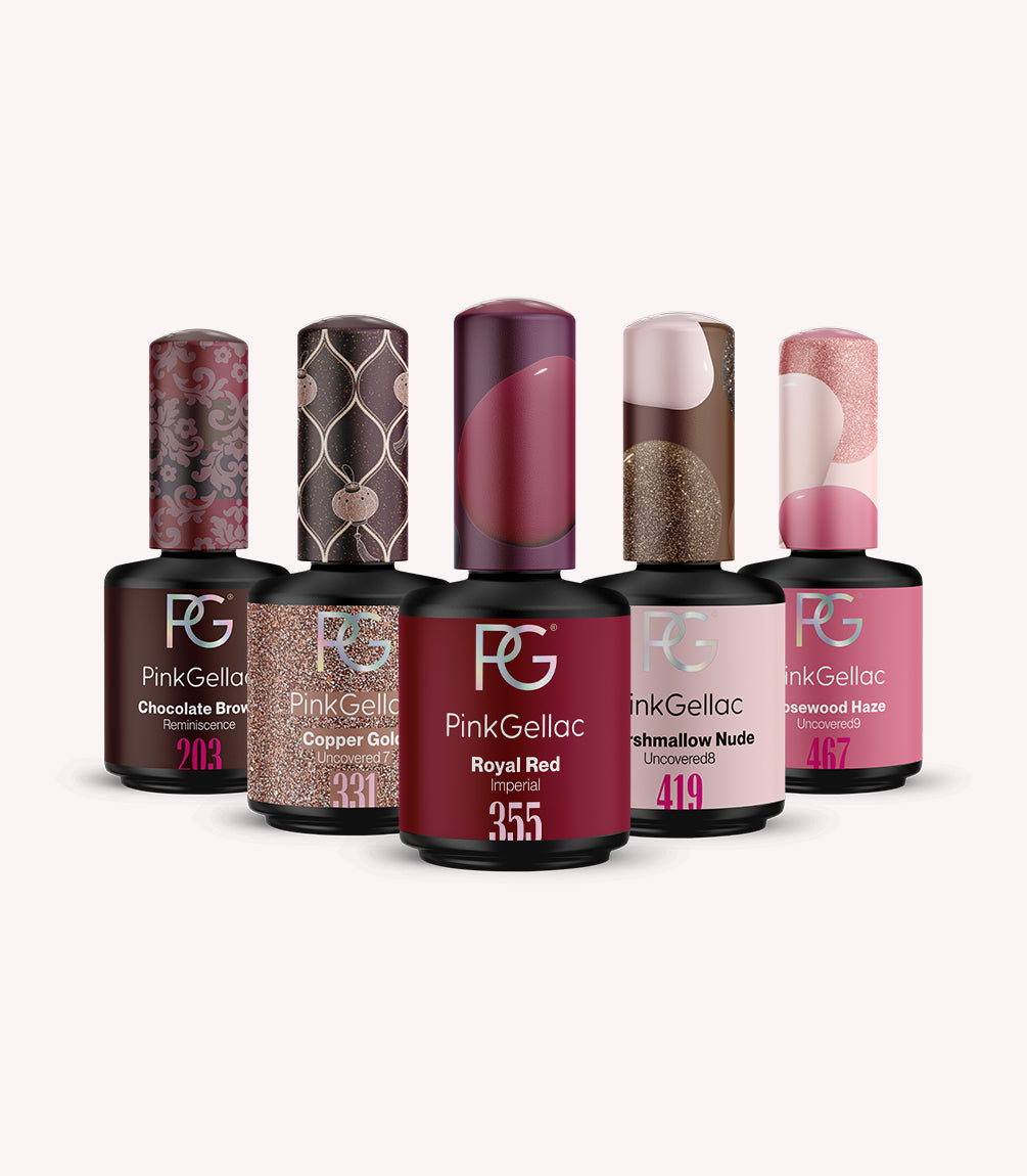 Pink Gellac Build Your Own gel nail polish kit with 5 colours shown with its lamp.