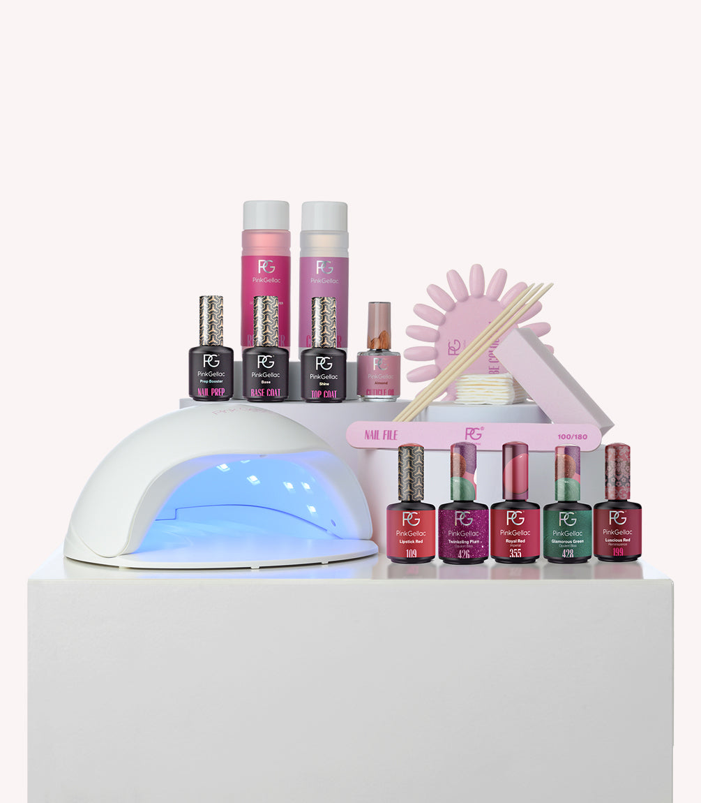Pink Gellac Build Your Own gel nail polish kit, lamp and accessories.