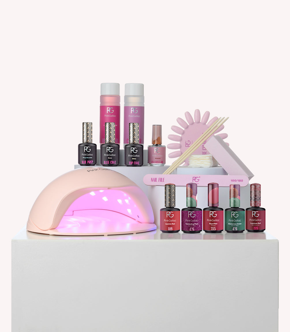 Pink Gellac Build Your Own gel nail polish kit with 5 colours, lamp and accessories.