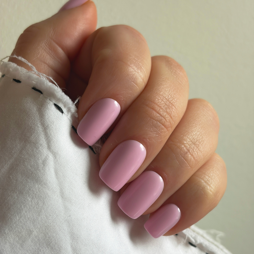 Close-up of Pink Gellac 486 Sugarcloud Pink press-on nails.