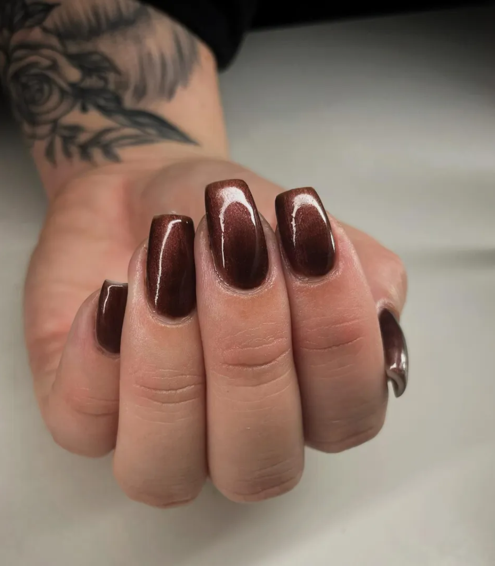 Hand with manicured nails wearing Pink Gellac 150 Chestnut Brown gel polish.