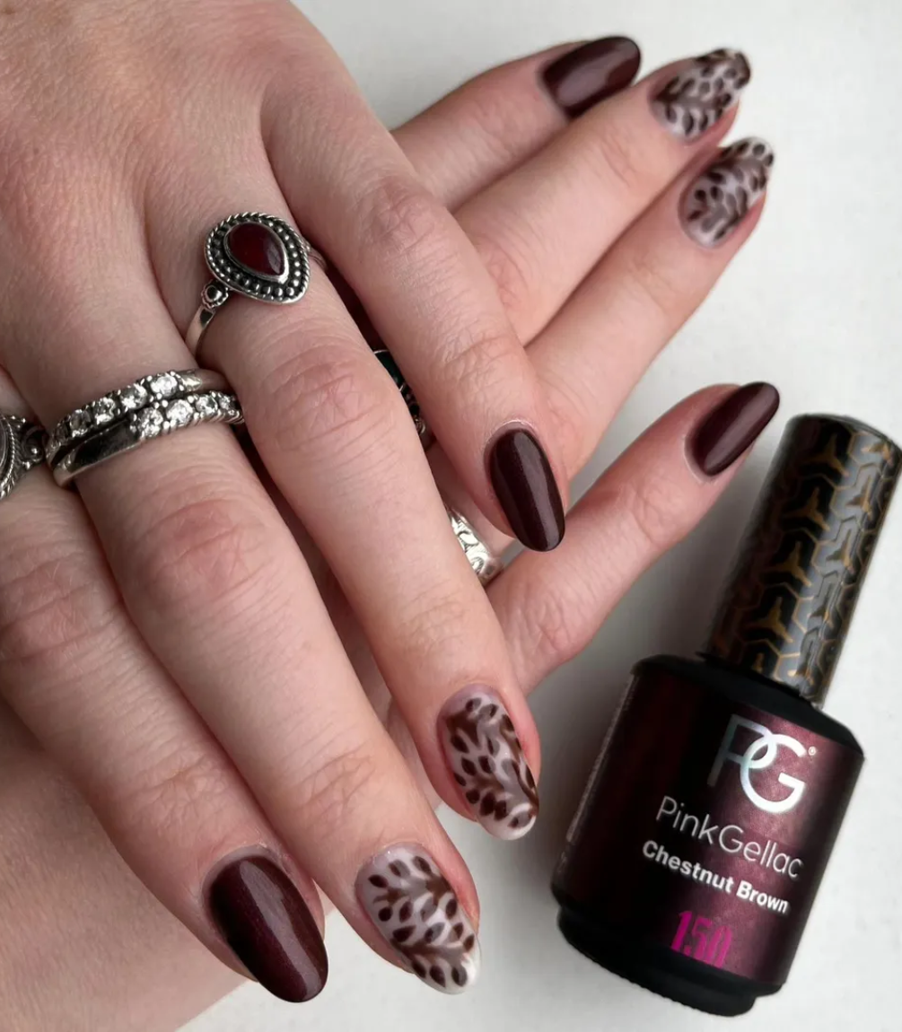 Hand with manicured nails wearing Pink Gellac 150 Chestnut Brown gel polish.