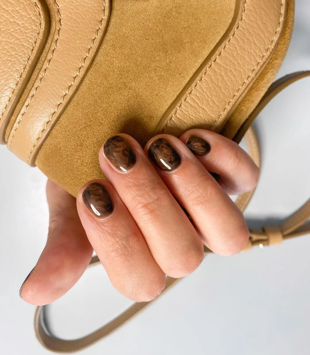 Hand with manicured nails wearing Pink Gellac 203 Chocolate Brown gel polish.