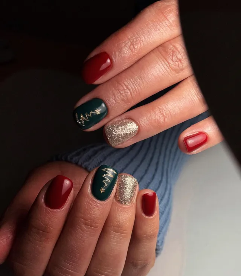 Hand with manicured nails wearing Pink Gellac 235 Ruby Red gel polish.