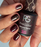 Hand with manicured nails wearing Pink Gellac 332 Sangria Red gel polish.