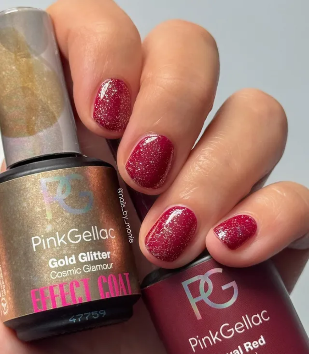 Hand with manicured nails wearing Pink Gellac 355 Royal Red gel polish.