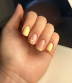 Hand with manicured nails wearing Pink Gellac 445 Butter Yellow gel polish.