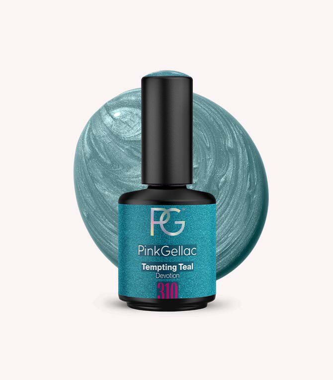 Pink Gellac 310 Tempting Teal gel nail polish bottle.