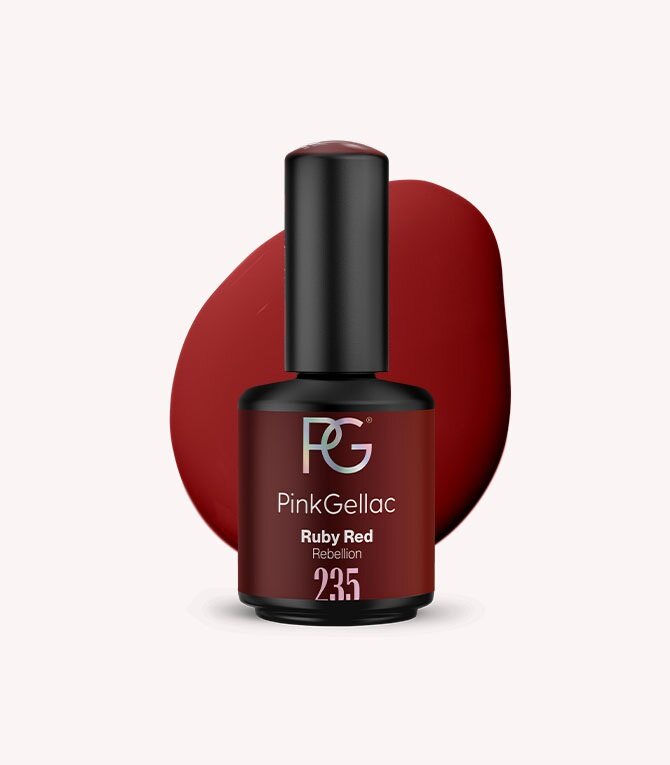 Pink Gellac 235 Ruby Red gel nail polish bottle.