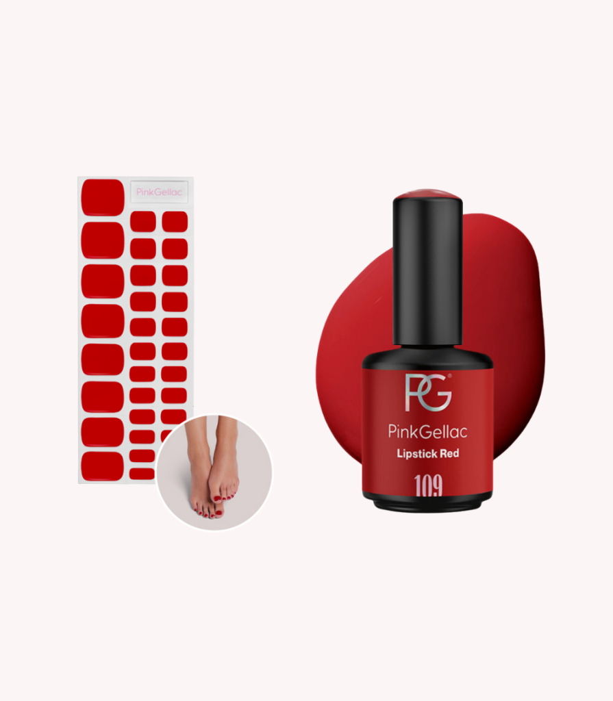 Pink Gellac 109 Lipstick Red set with gel nail polish and gel nail stickers.