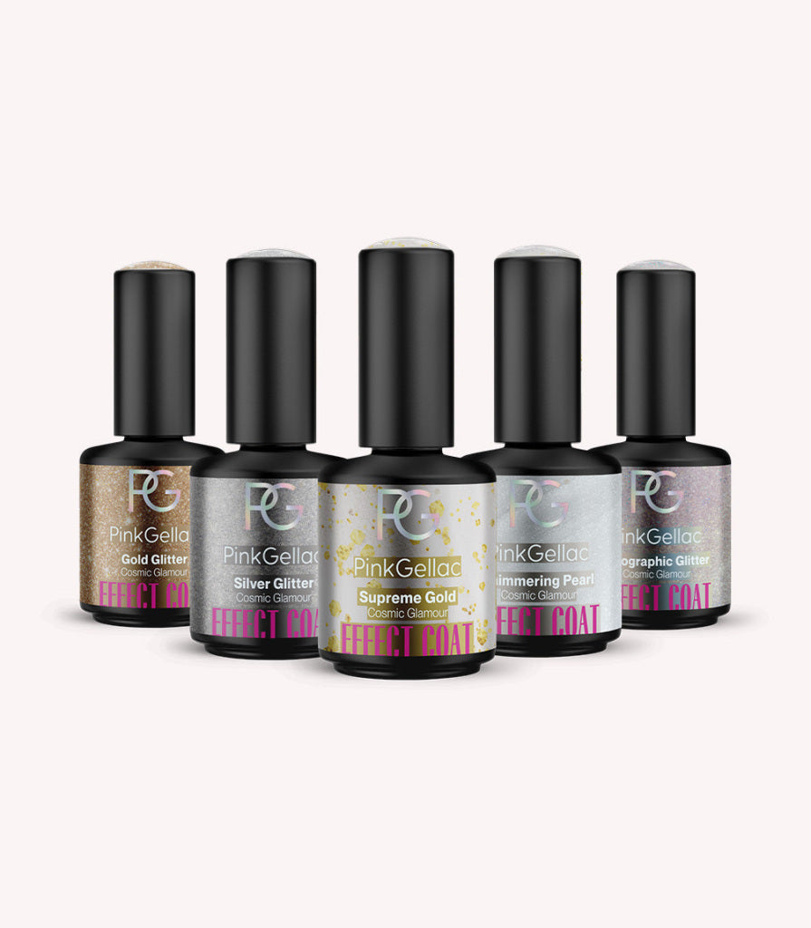 The five gel polish bottles in the Pink Gellac Cosmic Glamour collection set.