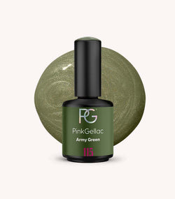 Pink Gellac 115 Army Green gel nail polish bottle.