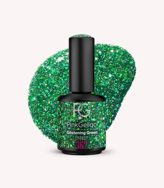 Pink Gellac 362 Glistening Green gel nail polish bottle.