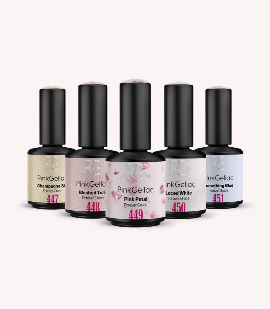 The gel polish bottles in the Pink Gellac Forever Grace collection set.