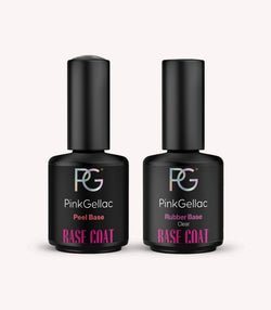 Pink Gellac Rubber Base and Peel Base set with two bottles.