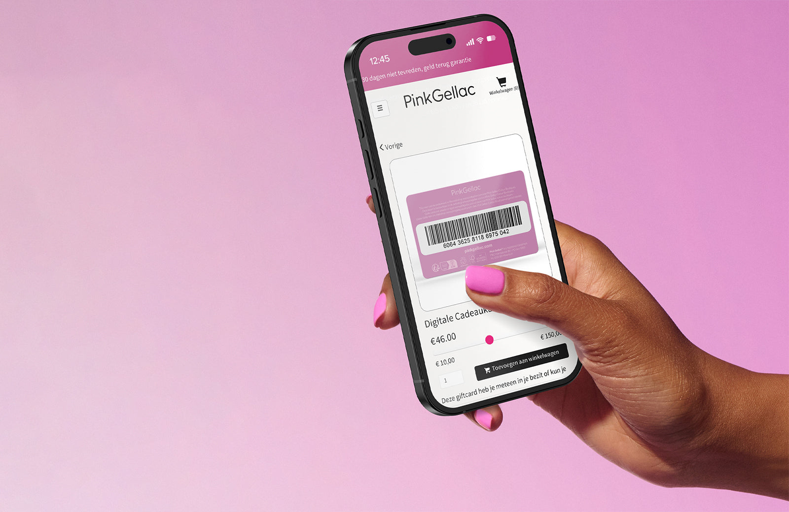 Person holding a smartphone with a Pink Gellac digital gift card on a pink background.