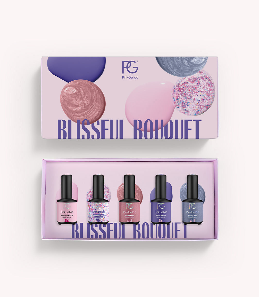 Pink Gellac Blissful Bouquet gel polish collection set presented in its gift box.