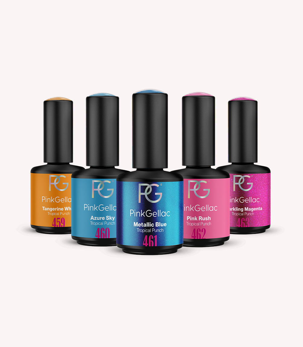 Pink Gellac Tropical Punch Set gel polish bottles.