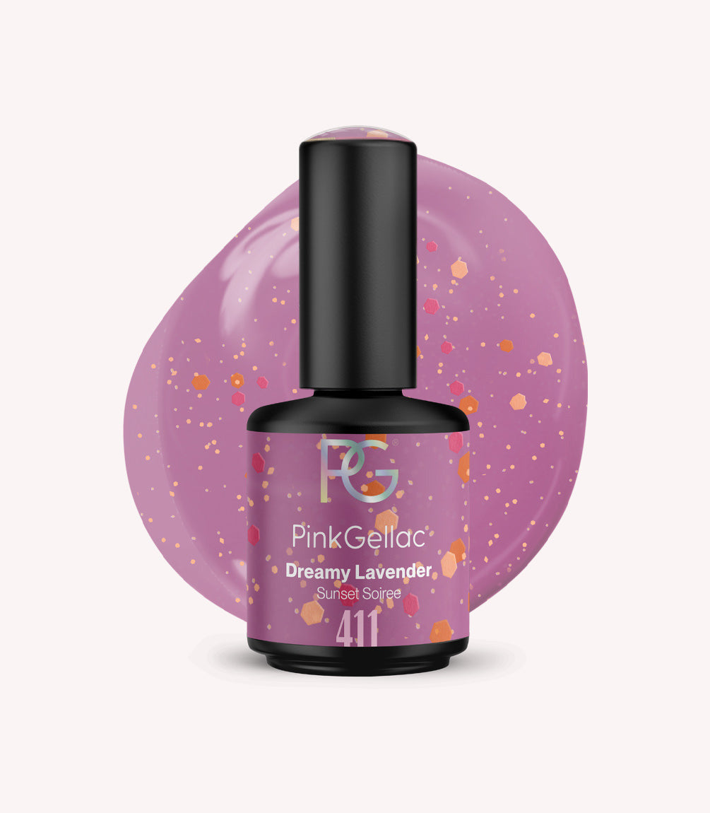 Pink Gellac 411 Dreamy Lavender gel nail polish bottle.