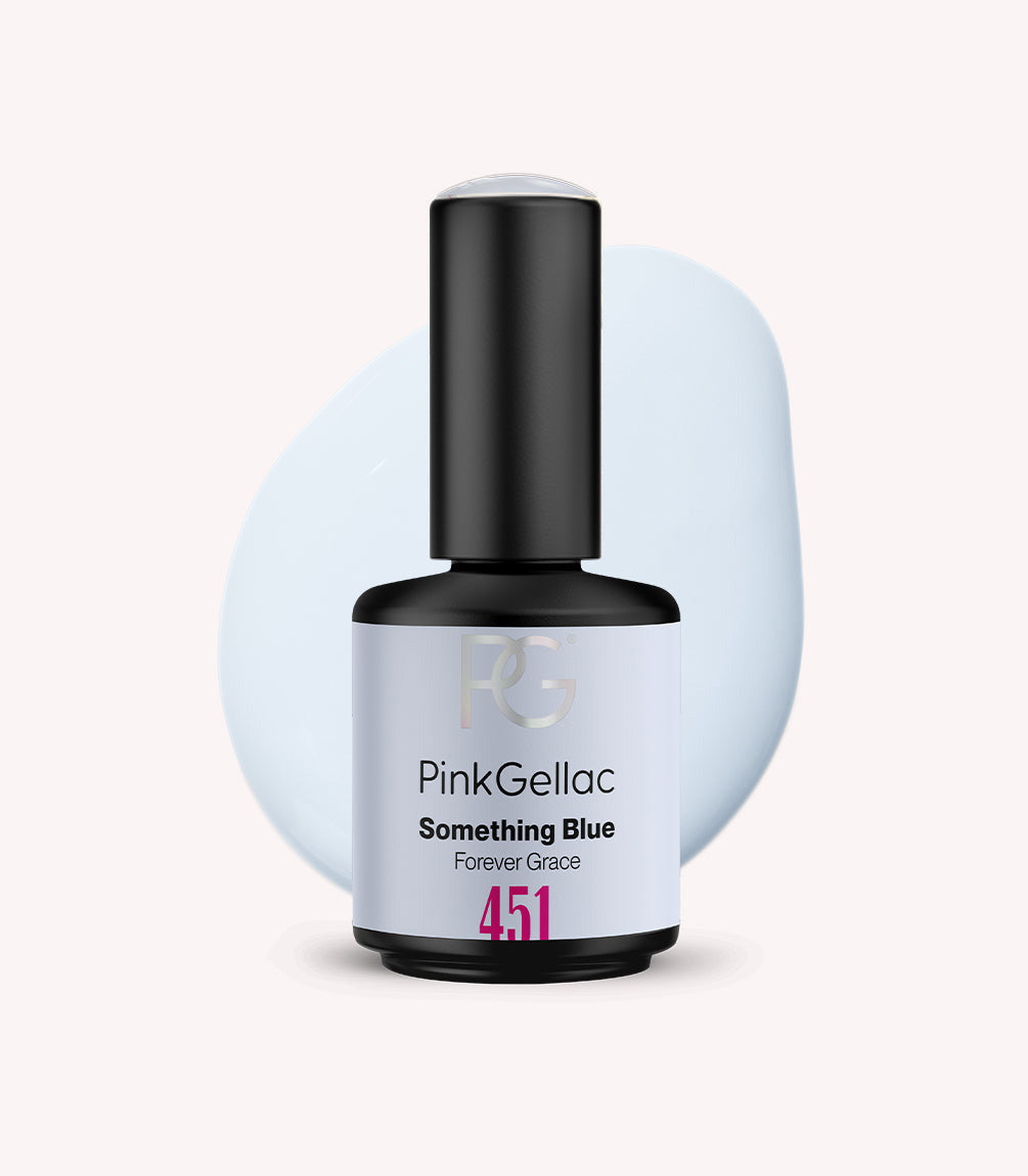 Pink Gellac 451 Something Blue gel nail polish bottle.