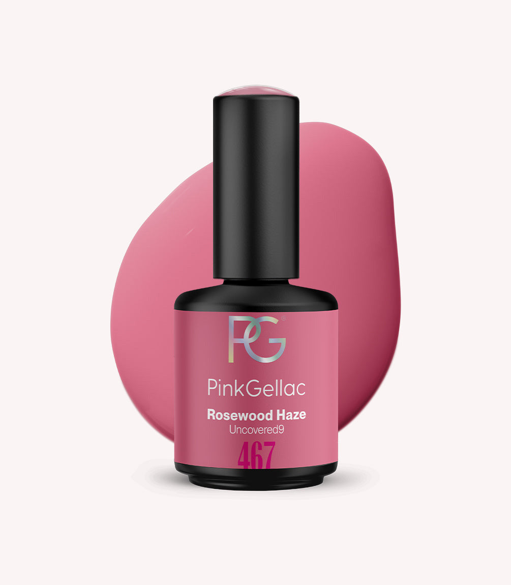 Pink Gellac 467 Rosewood Haze gel nail polish bottle.