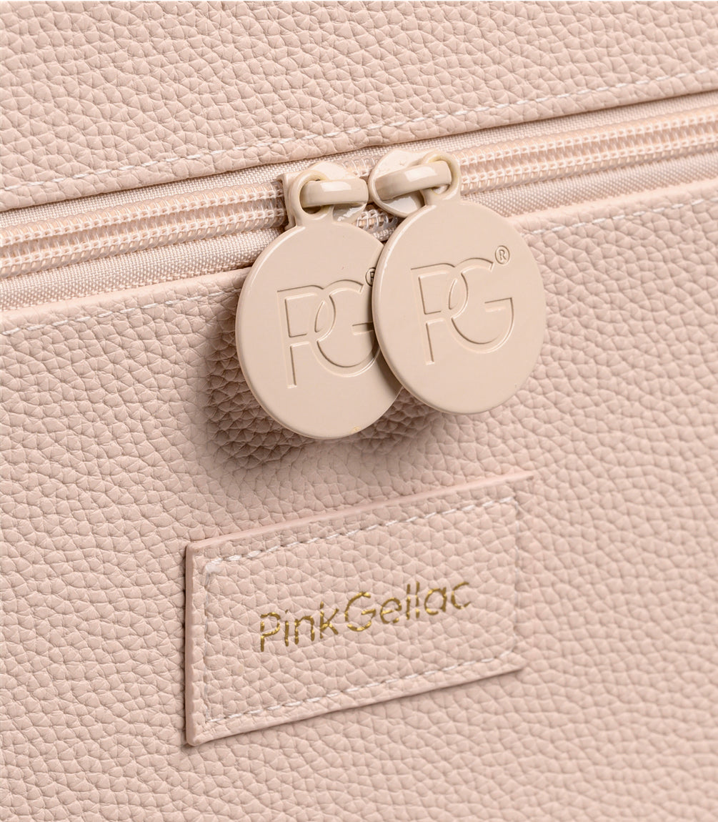 Close-up of the Pink Gellac Premium Storage Case Almond handle and clasp.