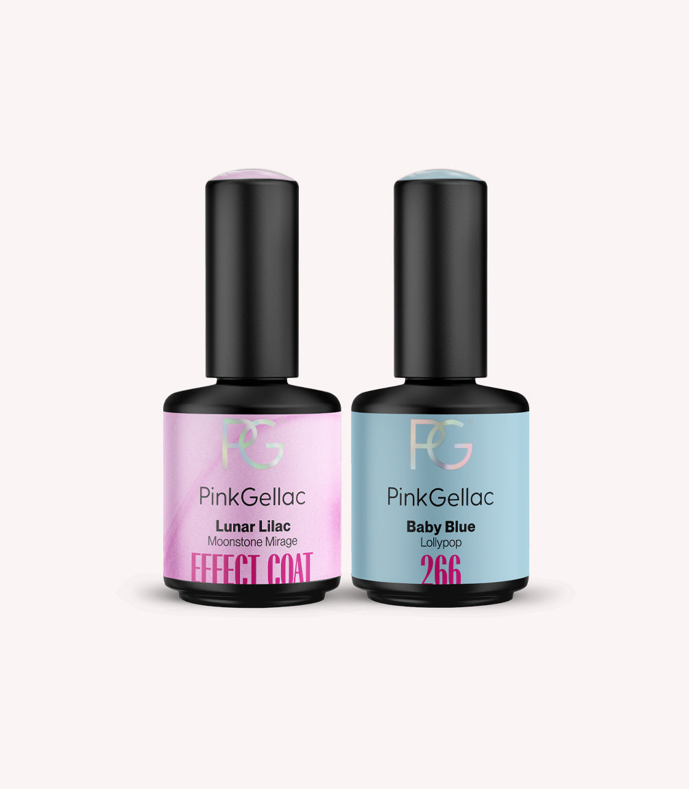 Pink Gellac Lunar Lilac effect coat set with two gel polish bottles.