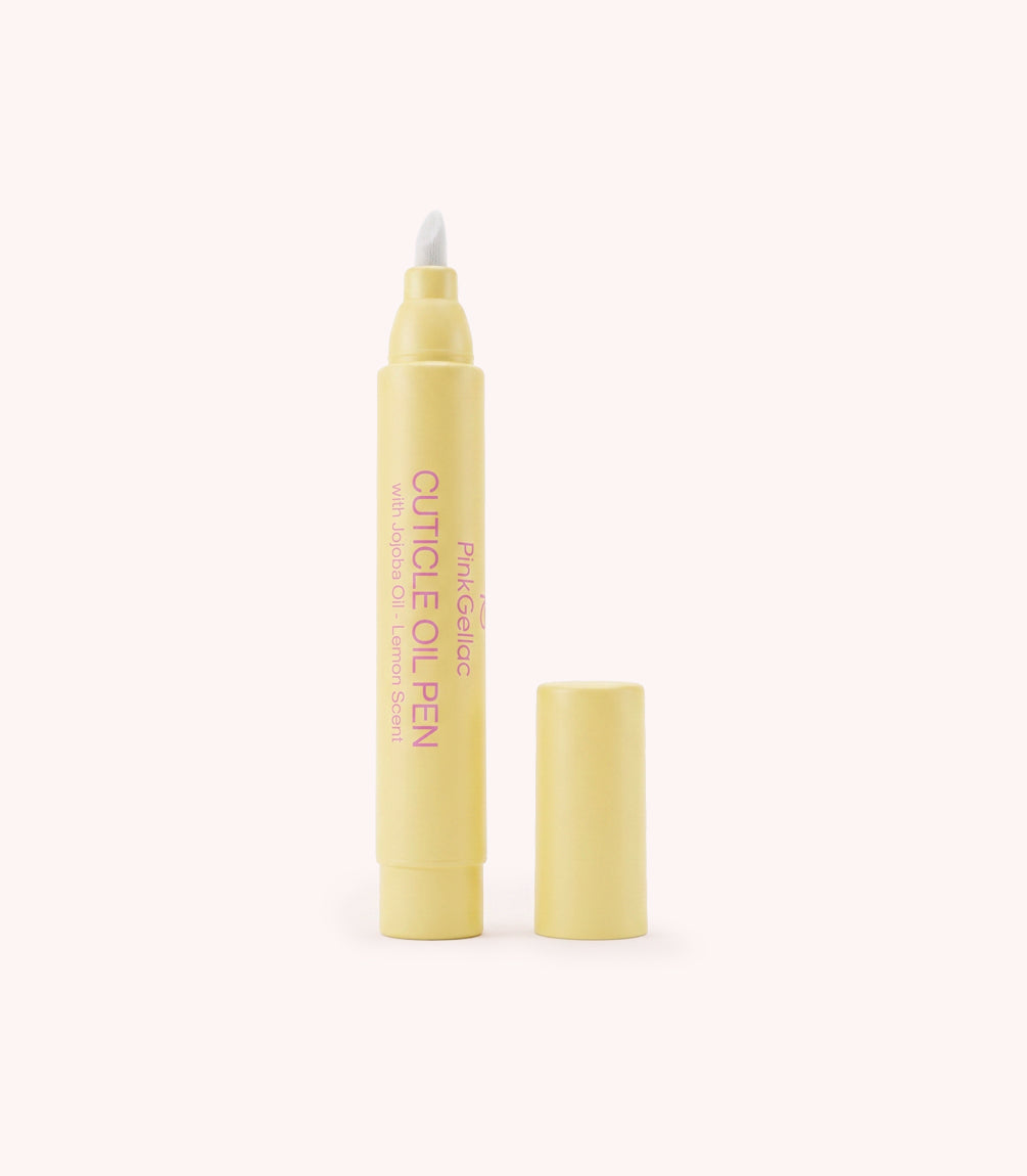 Pink Gellac cuticle oil pen in yellow.