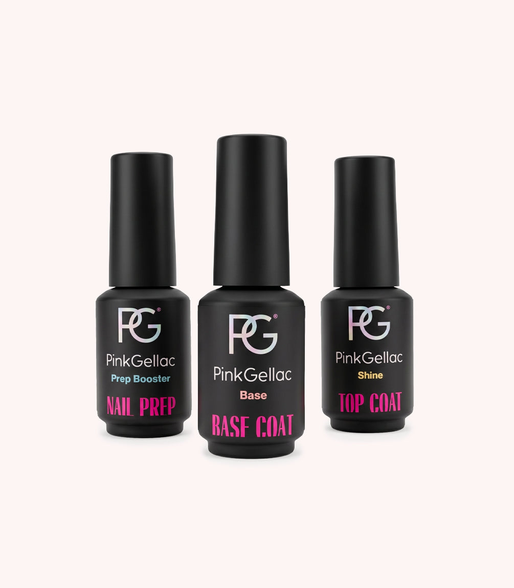 Pink Gellac Prep, Base Coat and Shine Top Coat gel polish bottles.