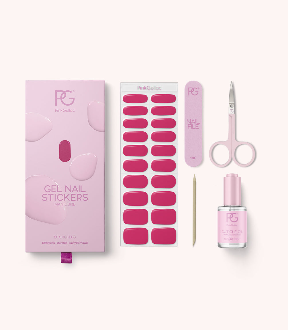 Pink Gellac Lamp-Free gel nail stickers kit contents.
