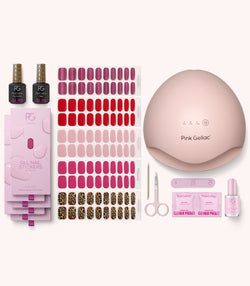 Pink Gellac Build Your Own gel nail stickers kit with 5 designs, lamp and accessories.