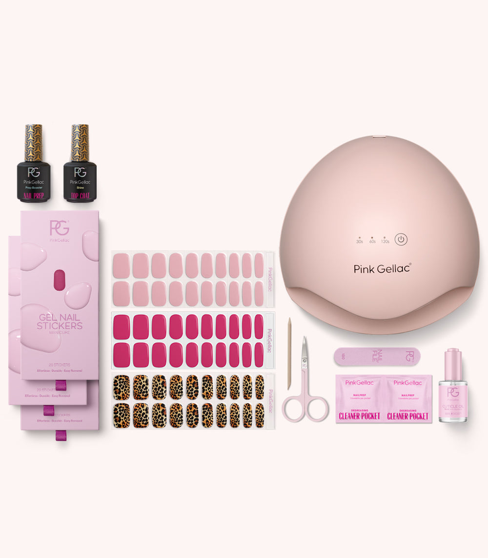 Pink Gellac Build Your Own gel nail stickers kit with 3 designs, lamp and accessories.