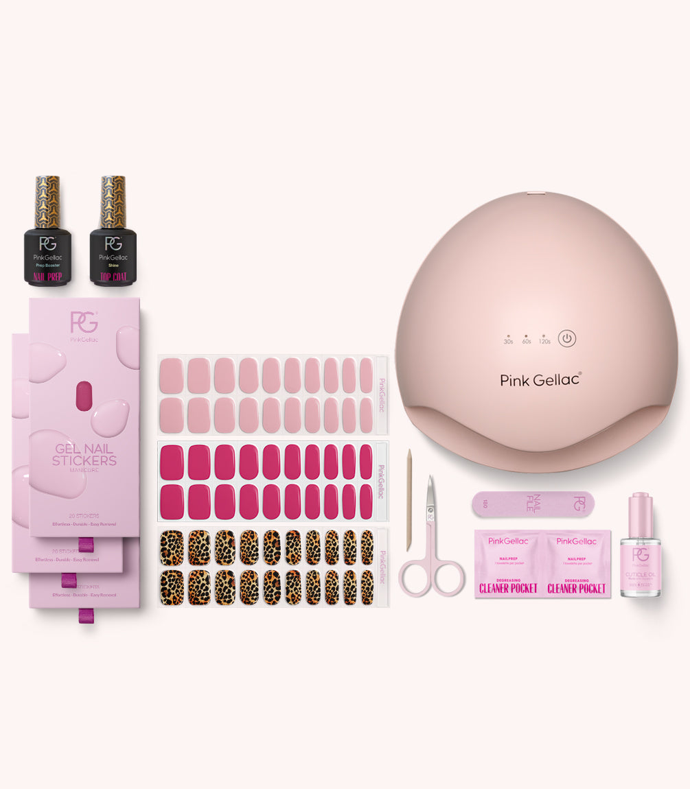 Pink Gellac Build Your Own gel nail stickers kit with 3 designs, lamp and accessories.