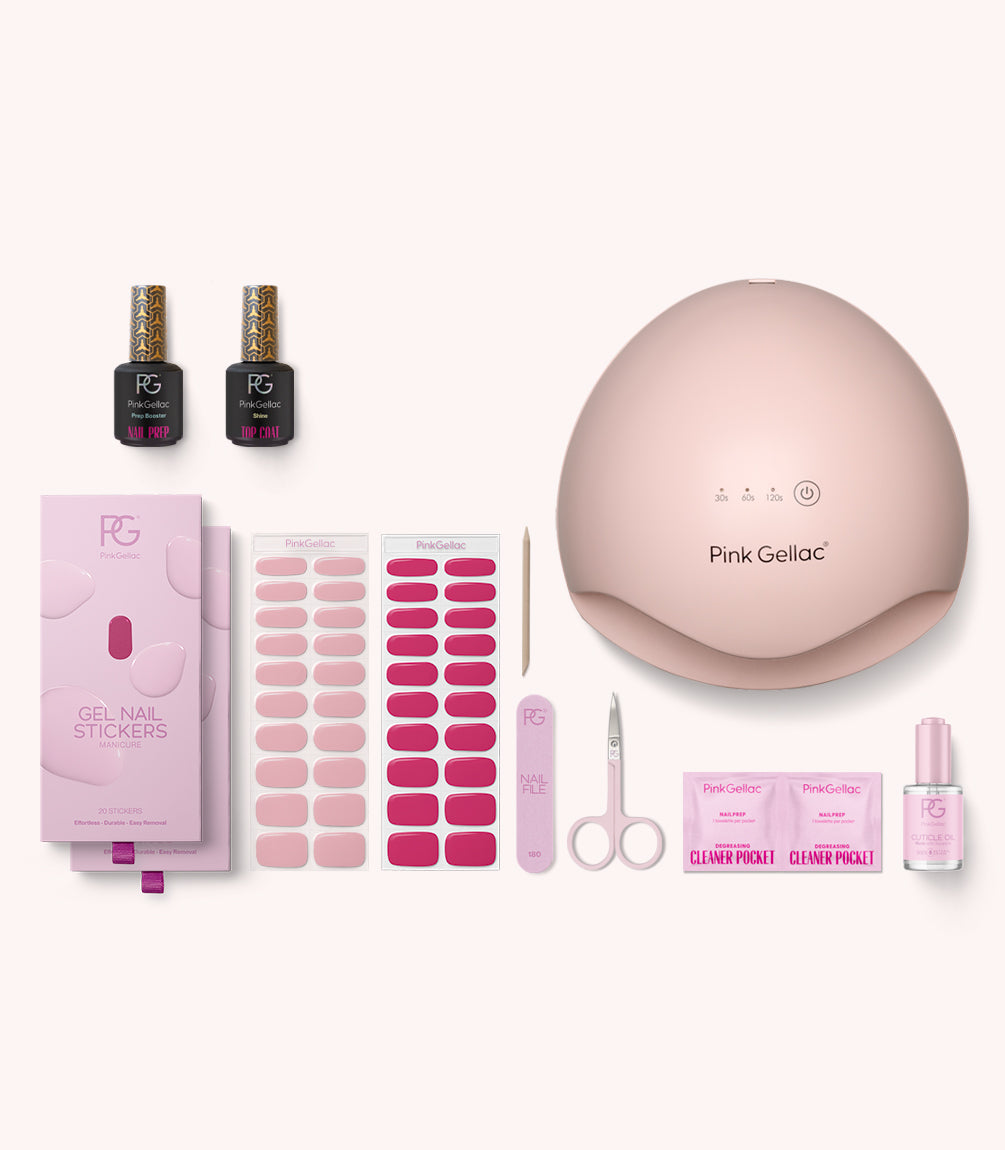 Pink Gellac Classic gel nail stickers kit with lamp, sticker sheets and accessories.
